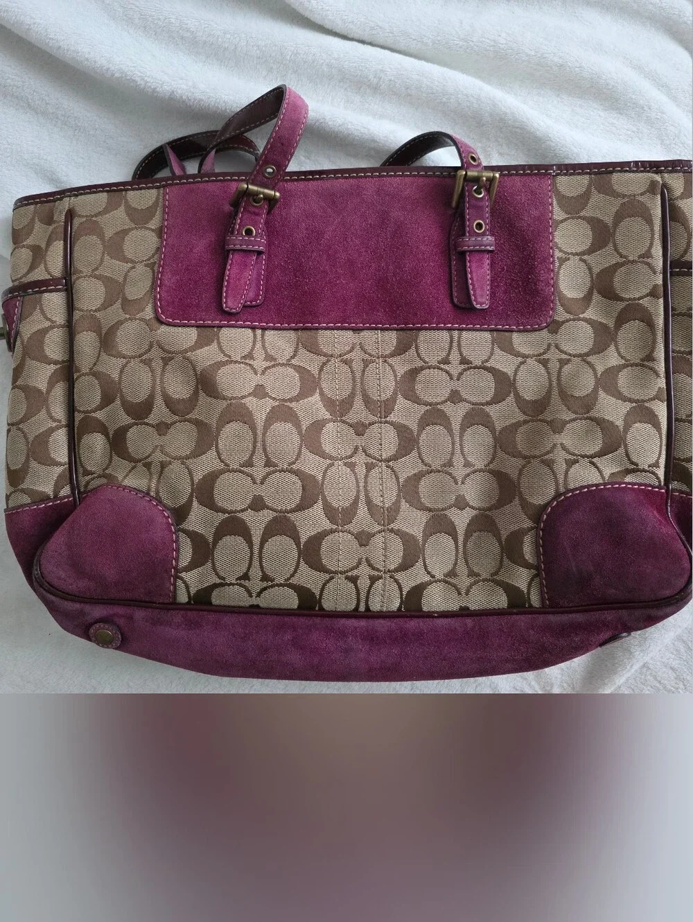 Vintage Y2K Coach Khaki C Wine Purple Suede Patent Trim Gallery Tote Bag RARE!